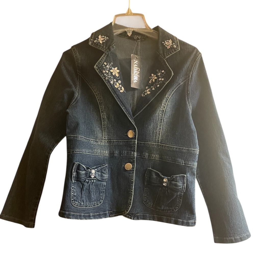 Tailored Fit Denim Blazer W Pockets & Rhinestone/Embroidery  Embellishments SZ S